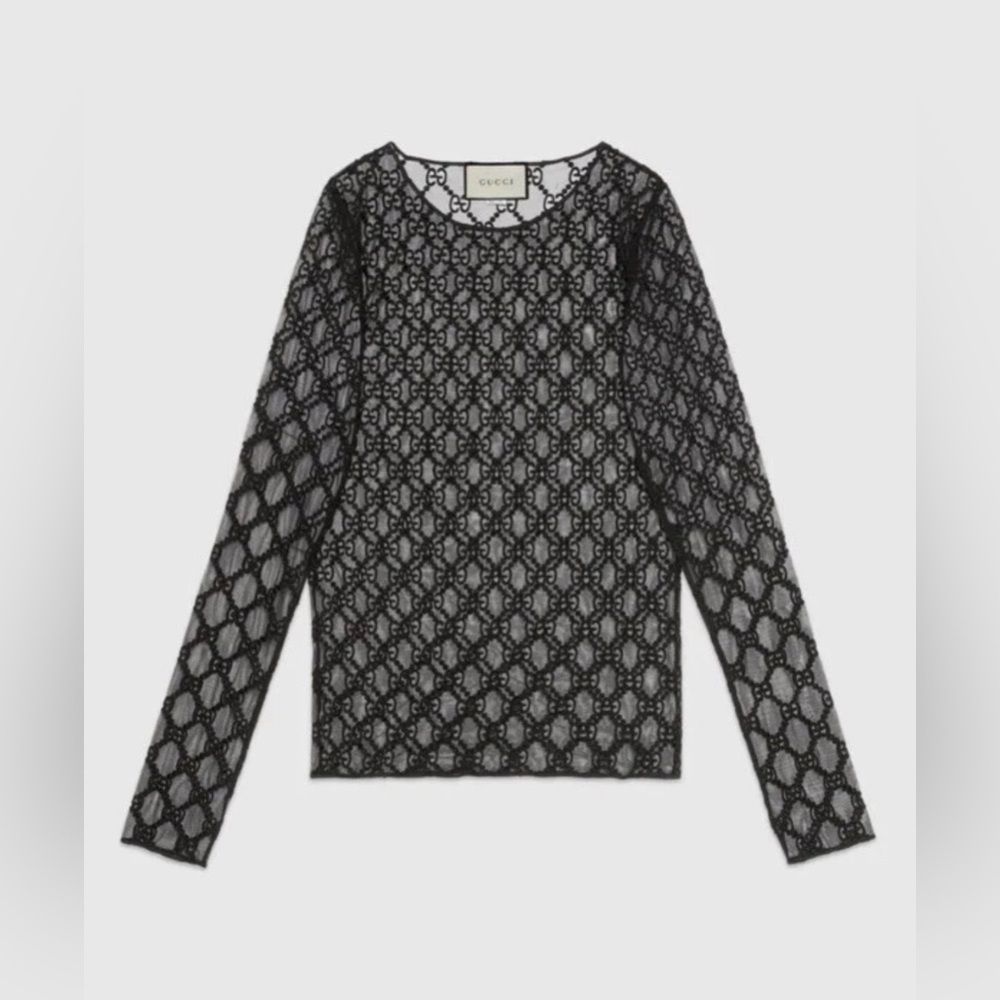 GUCCI Black GG Embroidered Tulle Sheer Top M - Picture 2 of 6